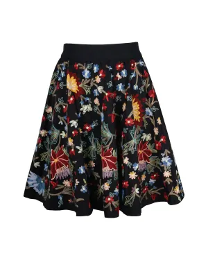 Alice   Olivia Floral Embroidered Skirt in Black Cotton