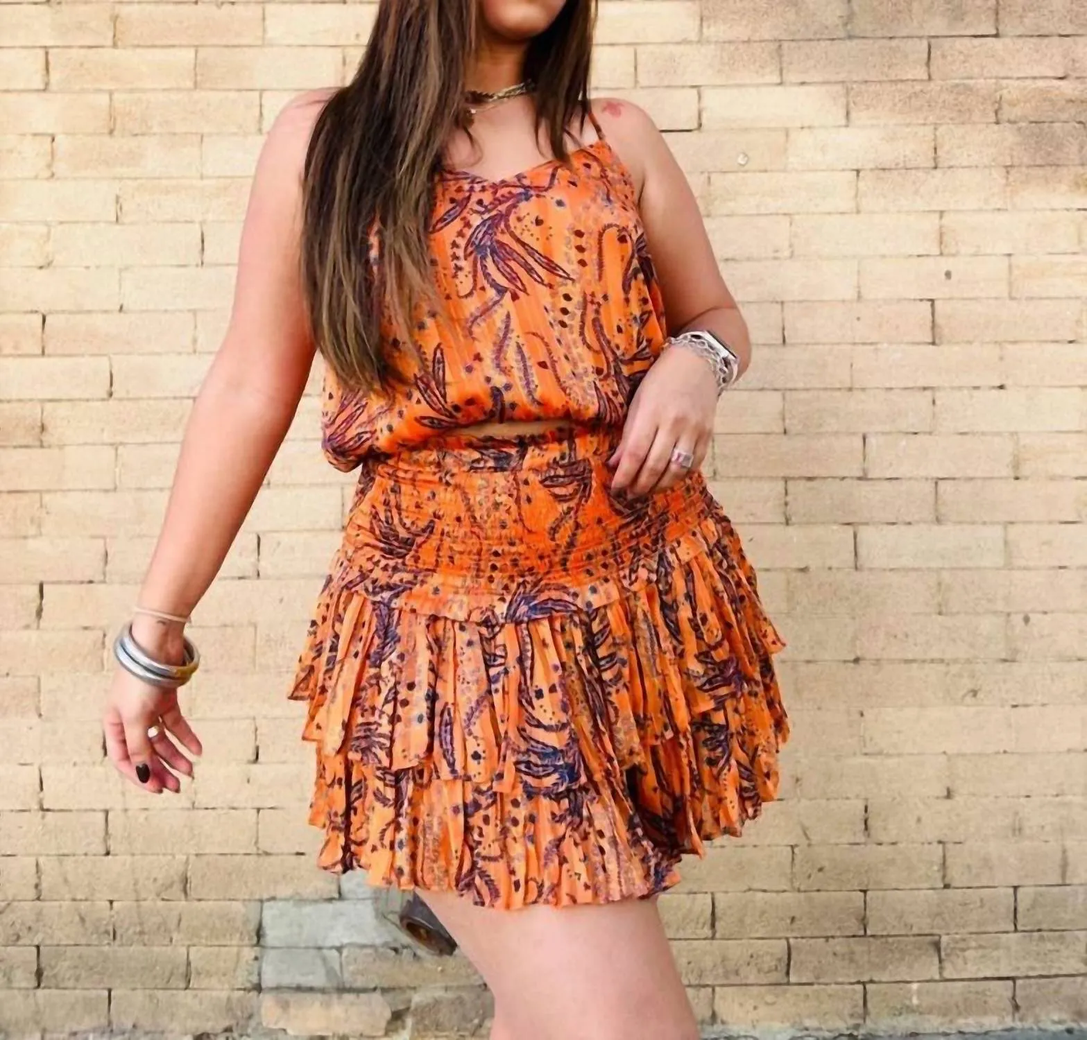 Ashley Silky Smock Skirt Set In Orange