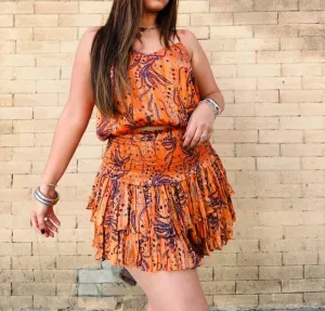 Ashley Silky Smock Skirt Set In Orange