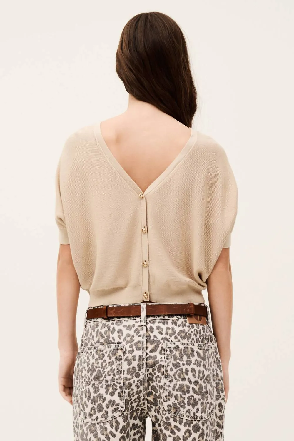 Basem Short Sleeve V-Neck Sweater In Beige