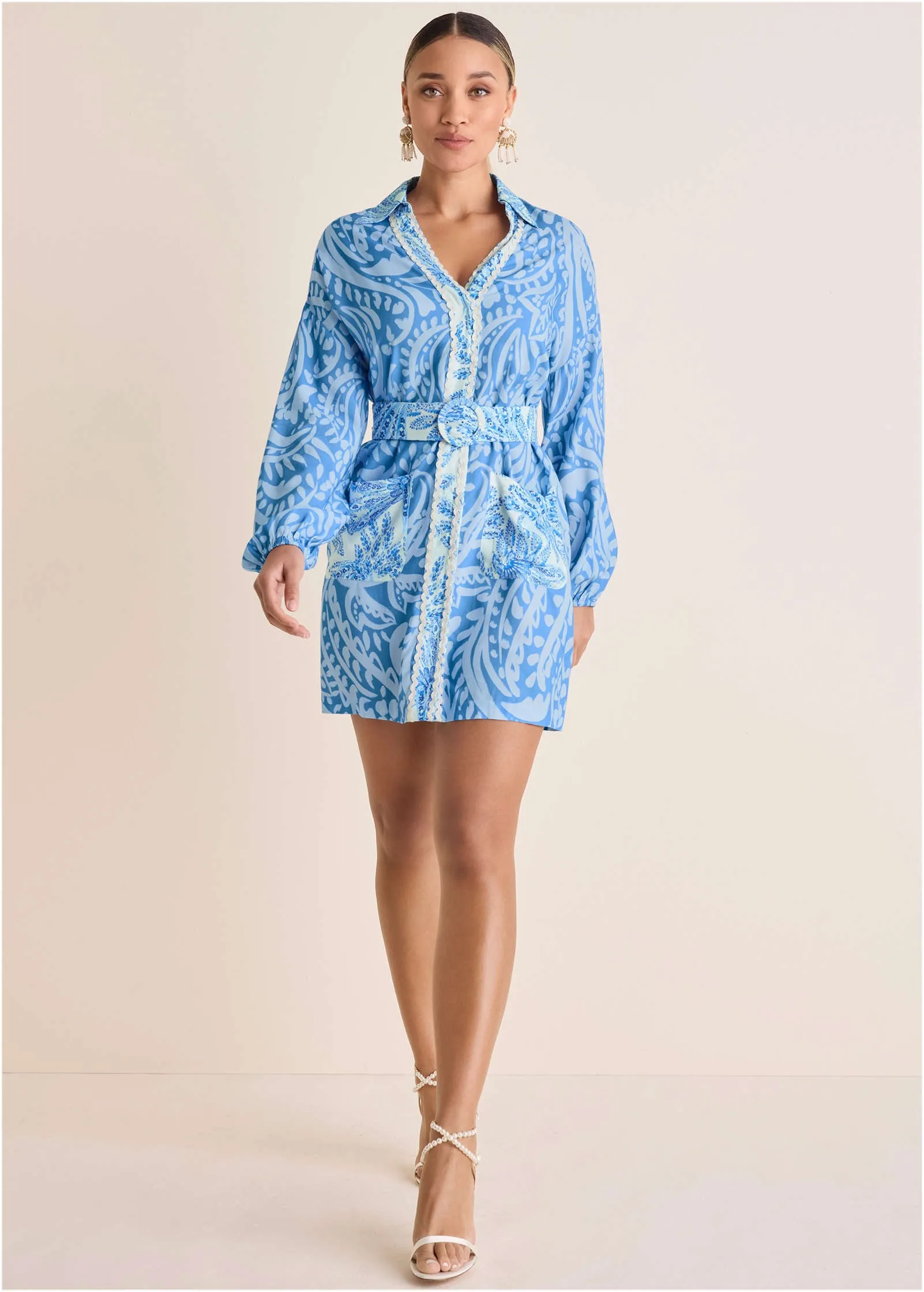 Belted Mini Shirt Dress - Blue Allover Spring Paisley