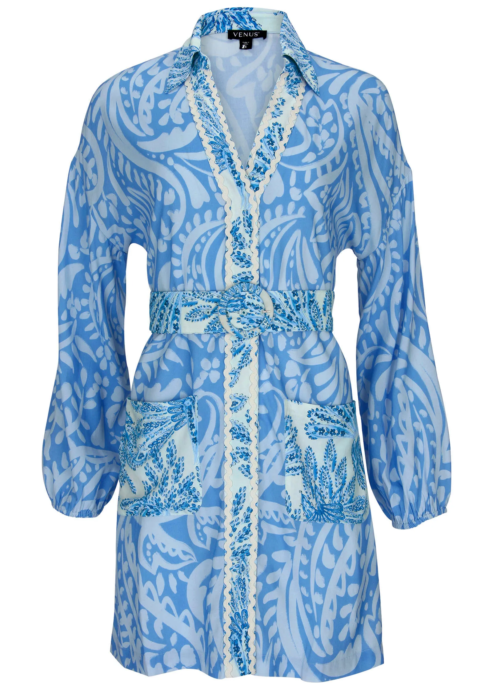 Belted Mini Shirt Dress - Blue Allover Spring Paisley