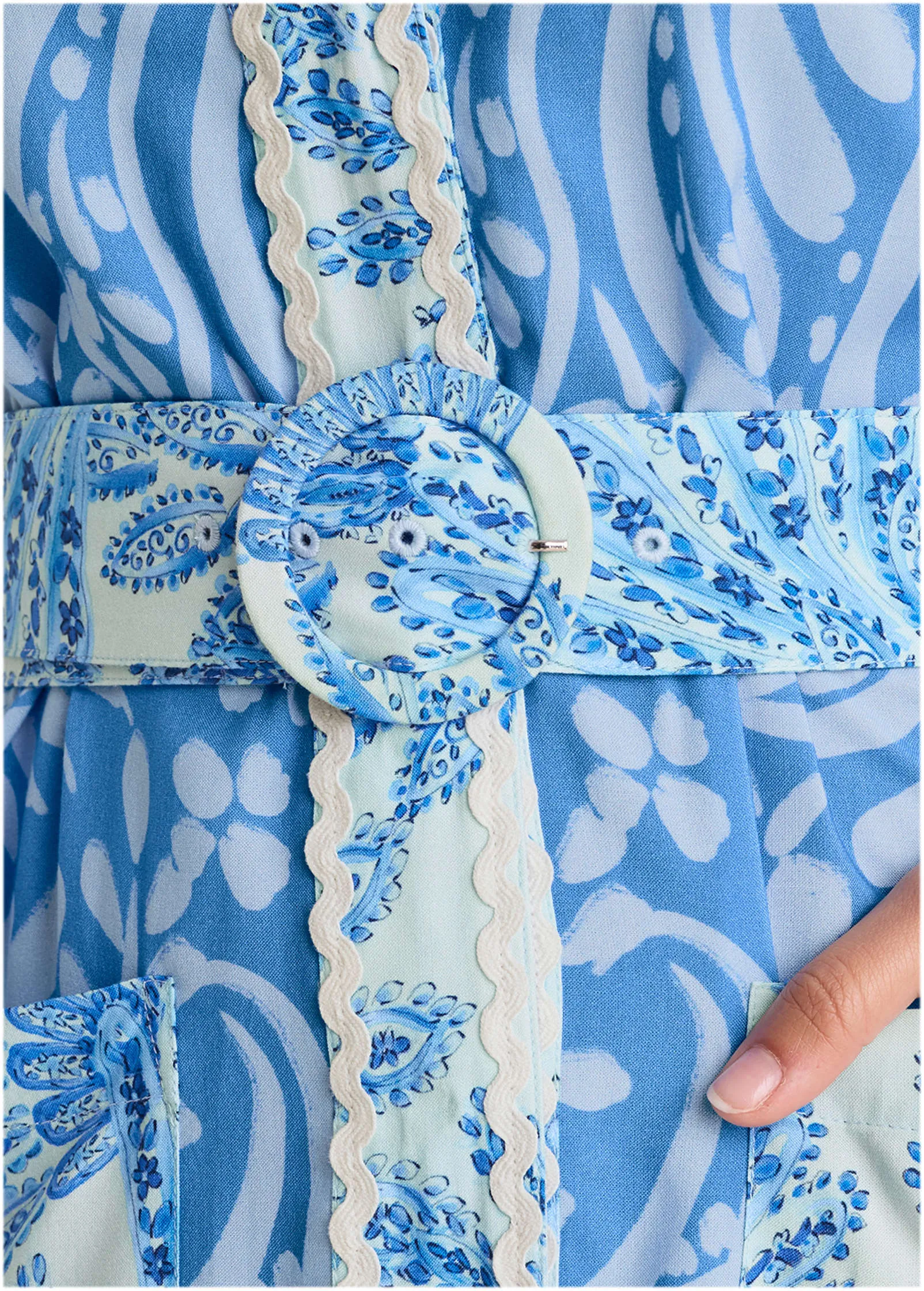 Belted Mini Shirt Dress - Blue Allover Spring Paisley