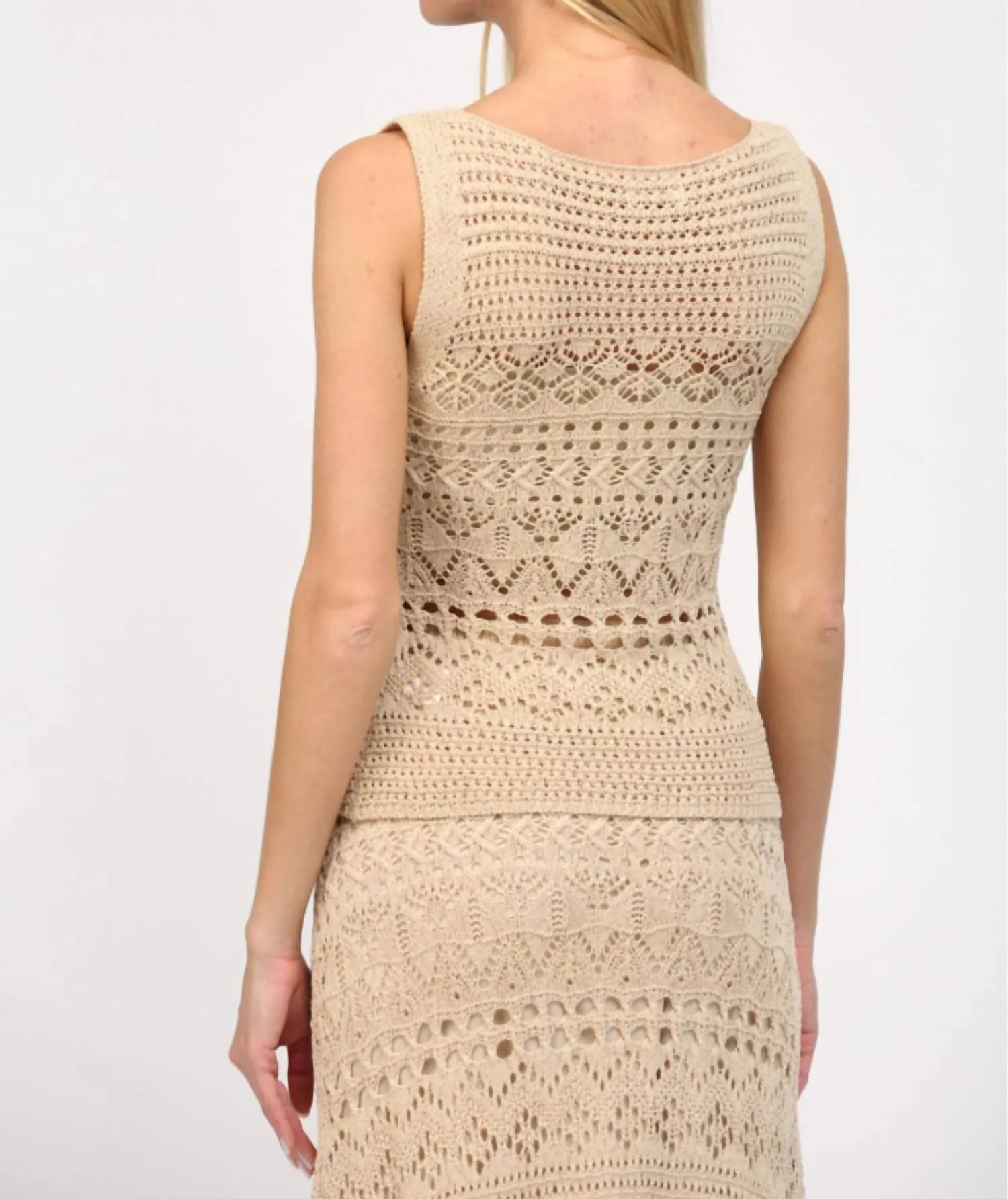 Boat Neck Sleeveless Crochet Top In Taupe