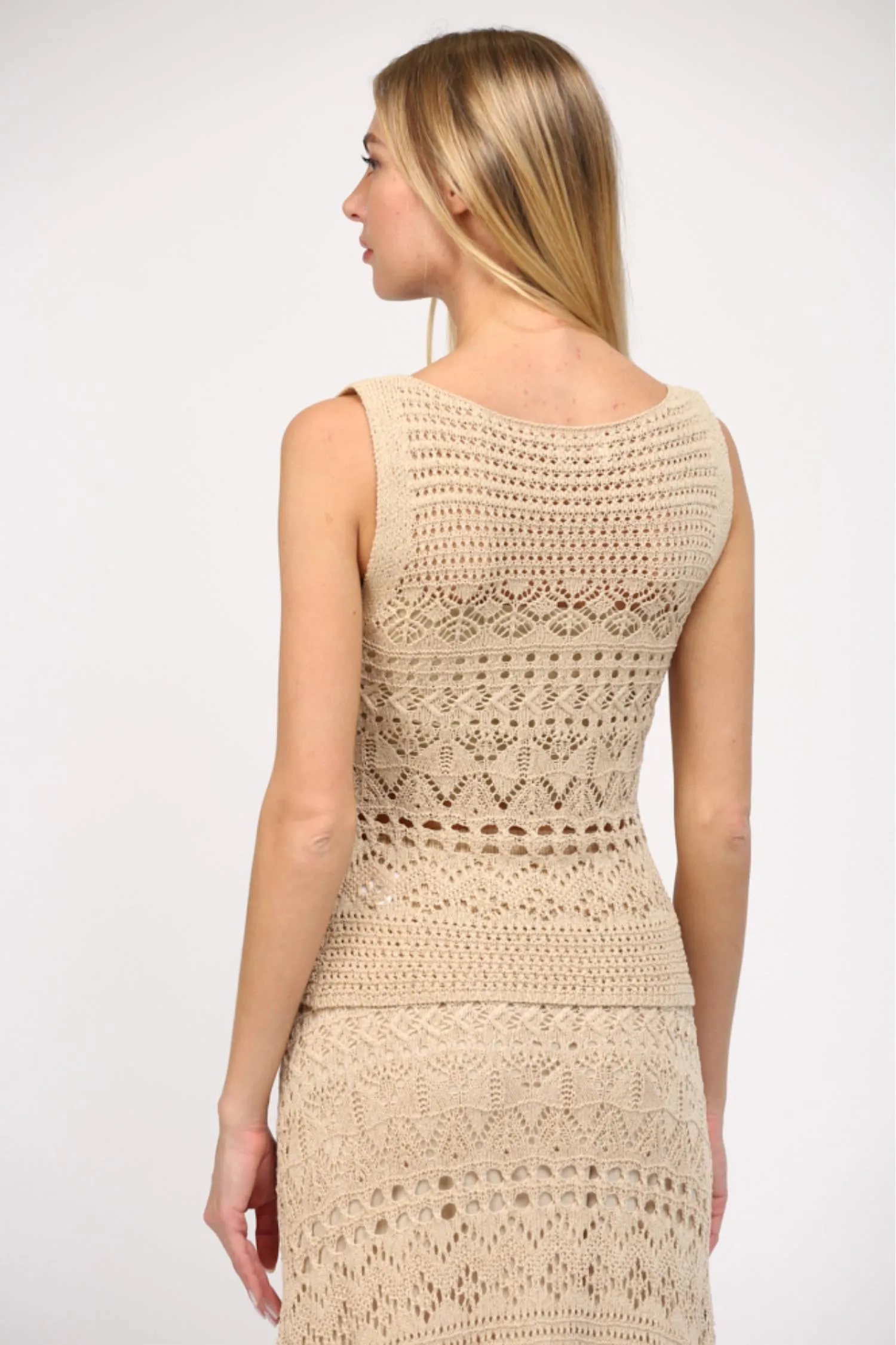 Boat Neck Sleeveless Crochet Top In Taupe