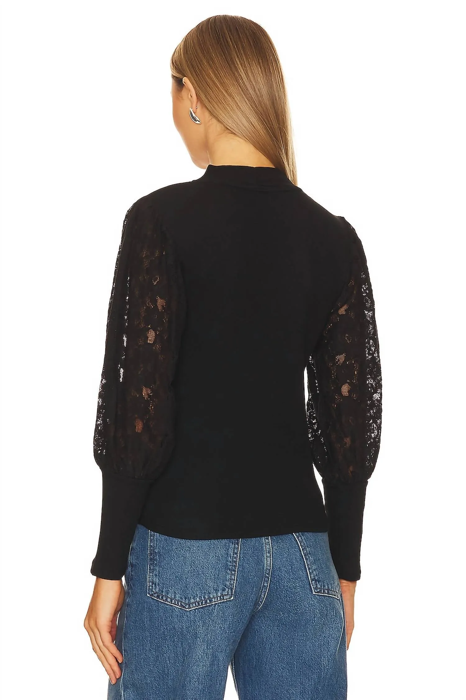 Bobi Mock Neck Top W/ Lace In Black