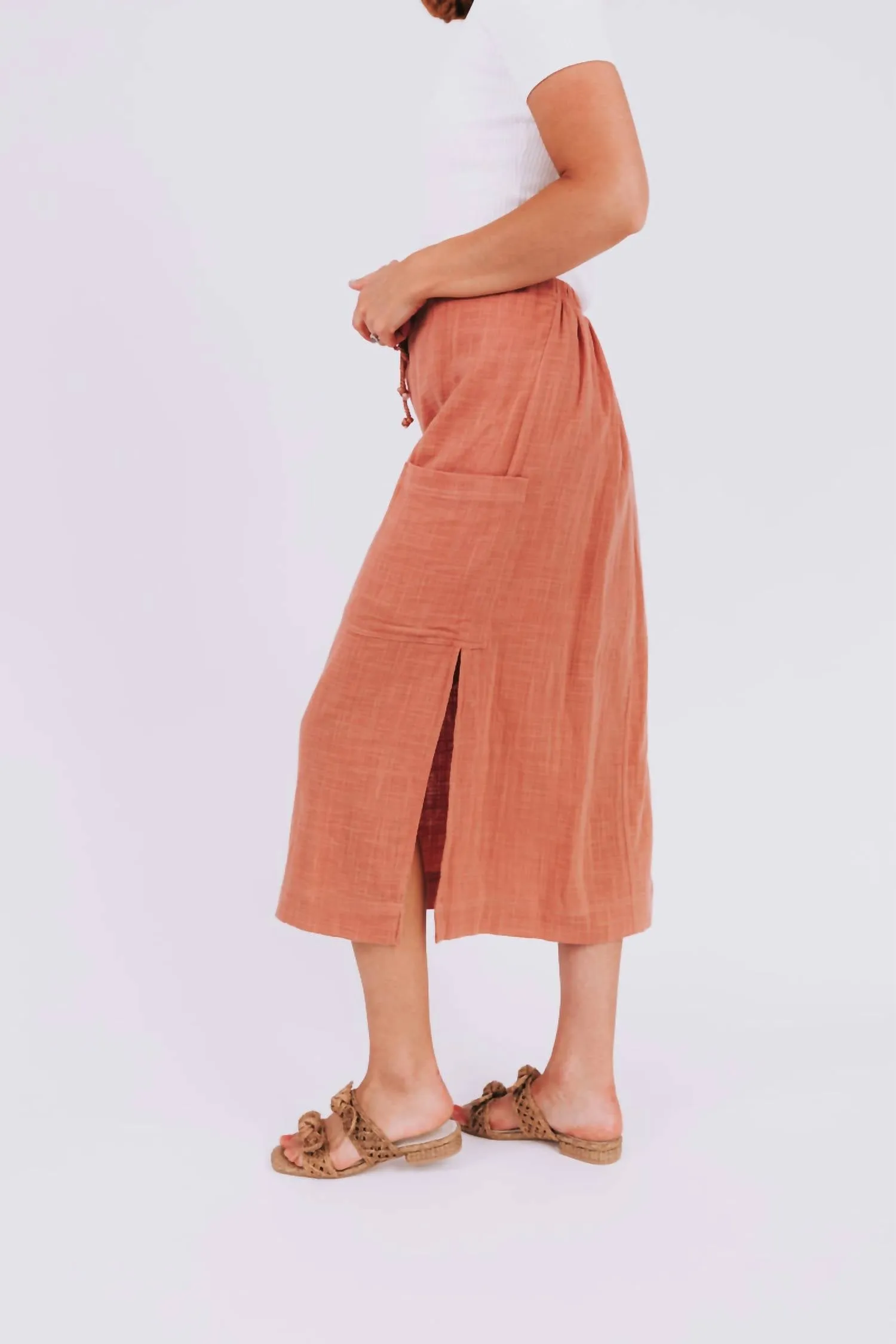 Braided Drawstring Linen Skirt In Rose