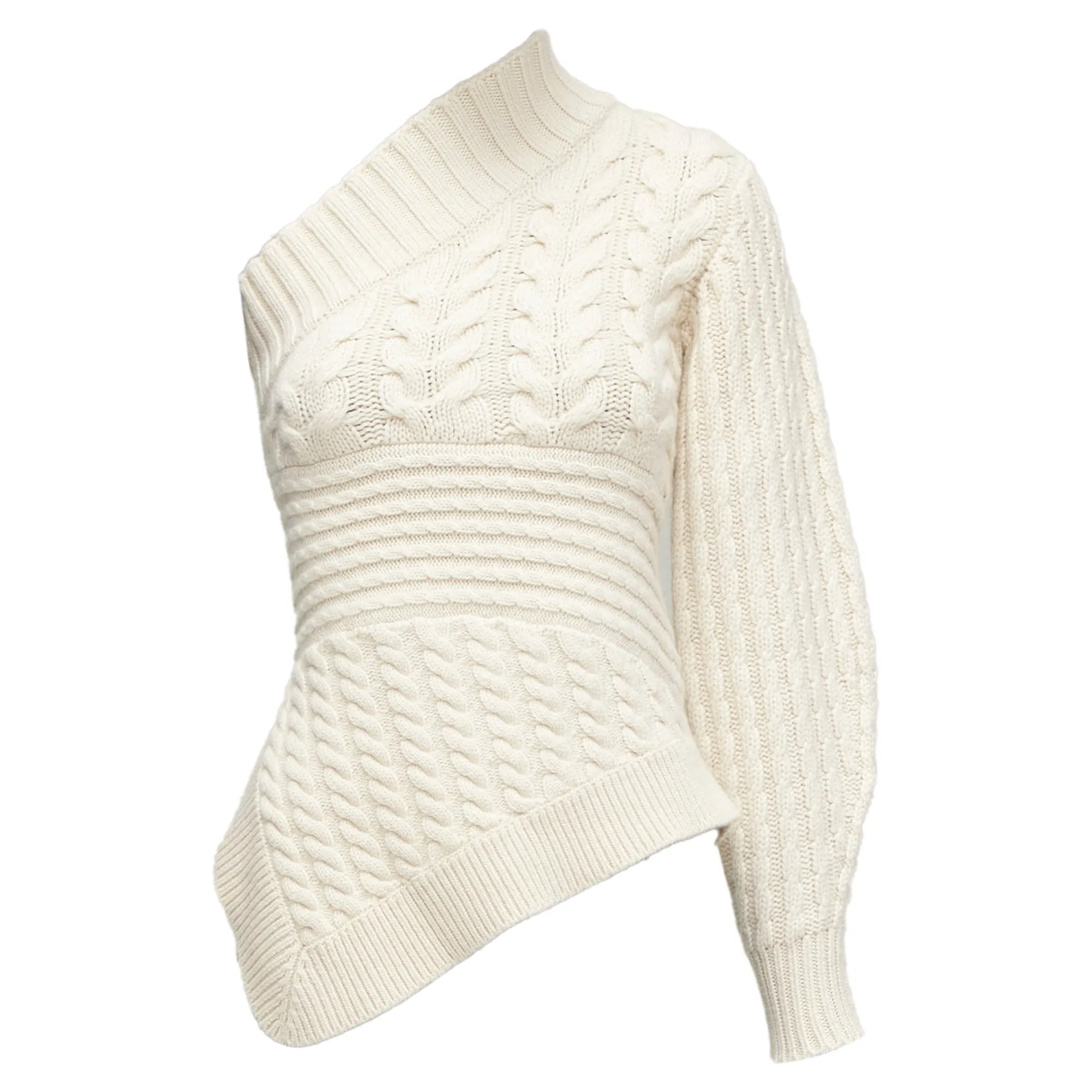 Burberry Cashmere One Shoulder Mixed Cable Knit Pullover Sweater