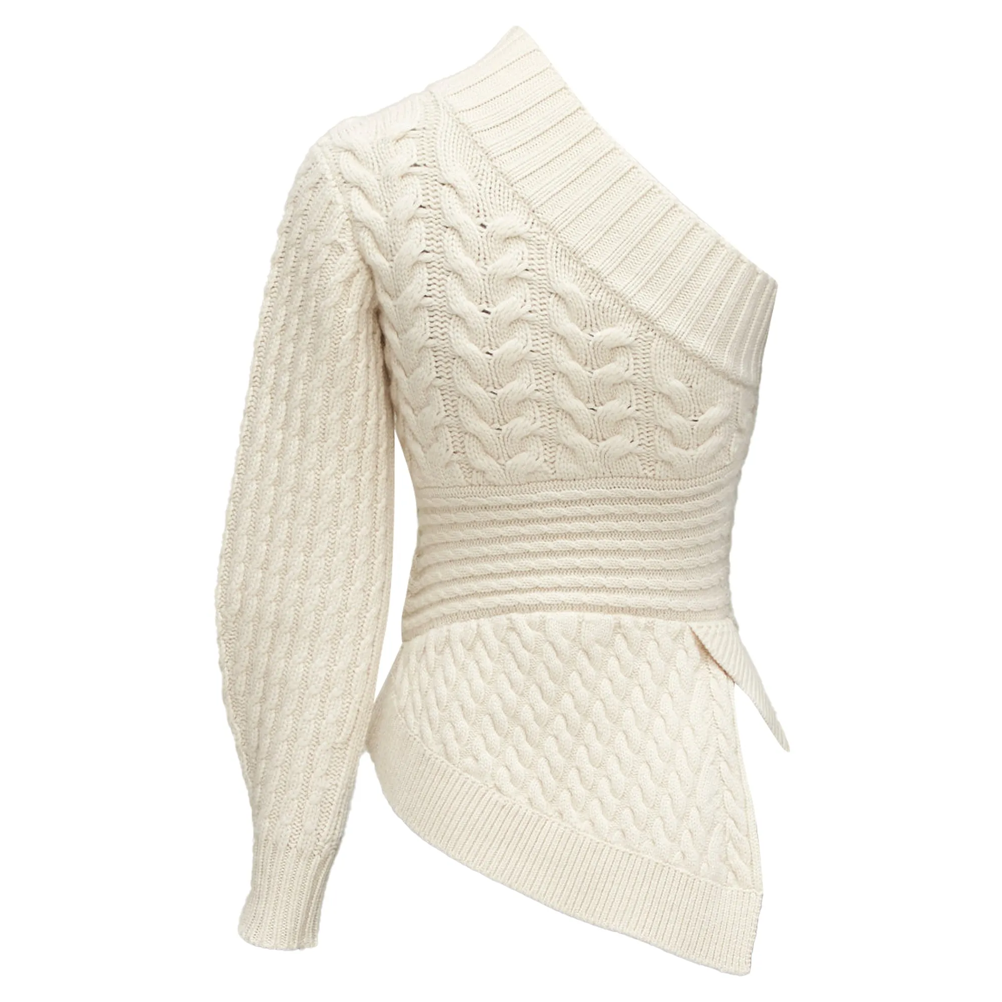 Burberry Cashmere One Shoulder Mixed Cable Knit Pullover Sweater