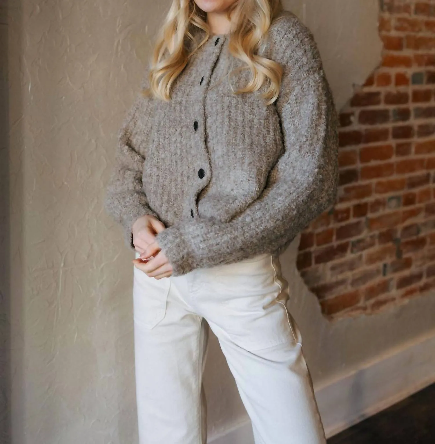 Button Front Cardigan In Latte