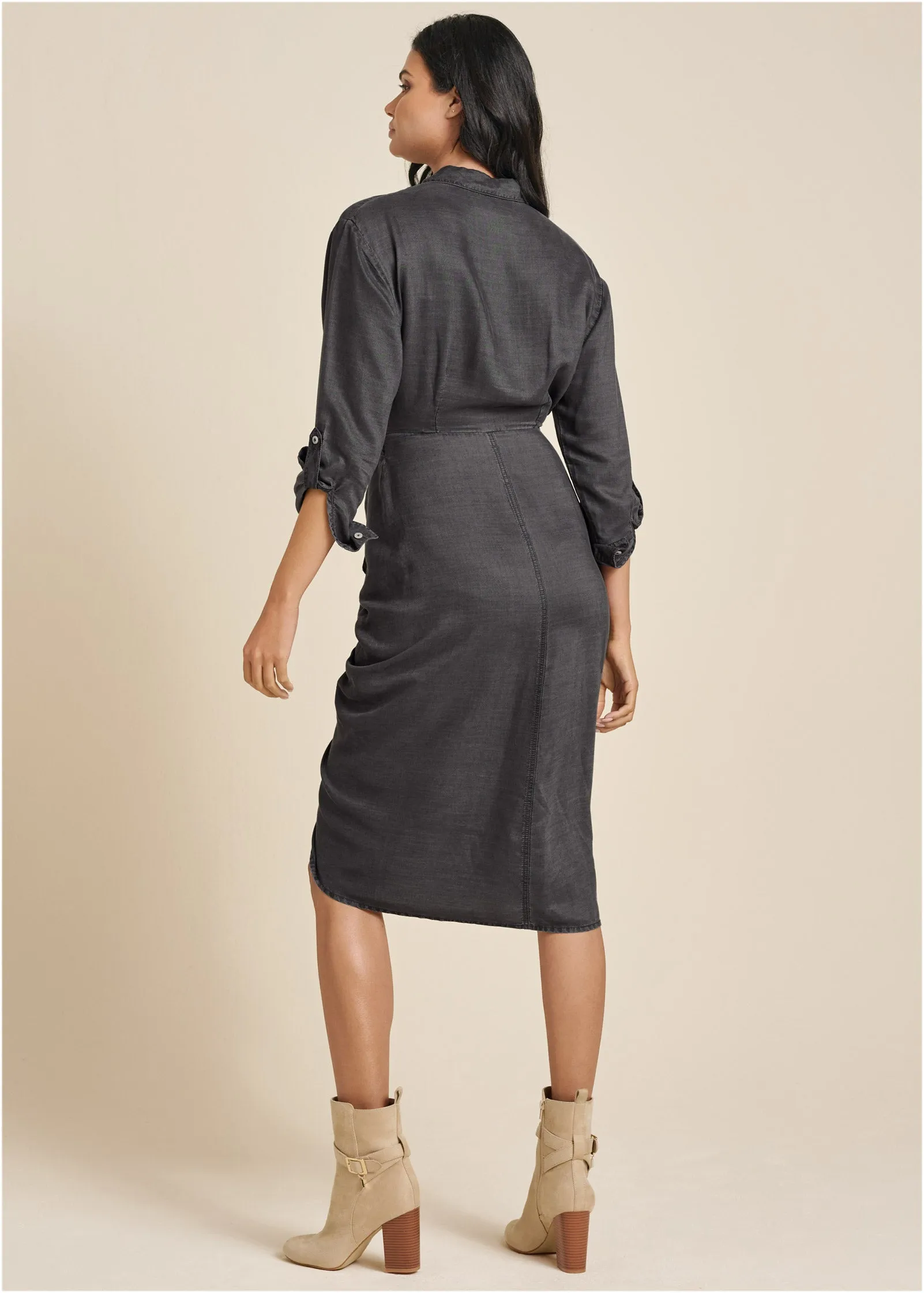 Button-Front Shirt Dress - Grey