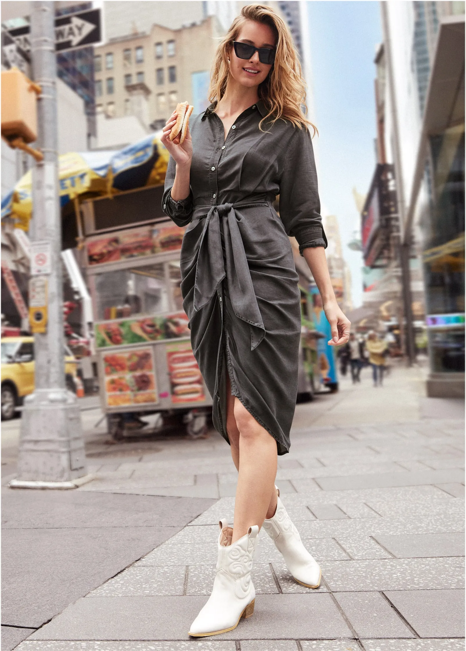 Button-Front Shirt Dress - Grey