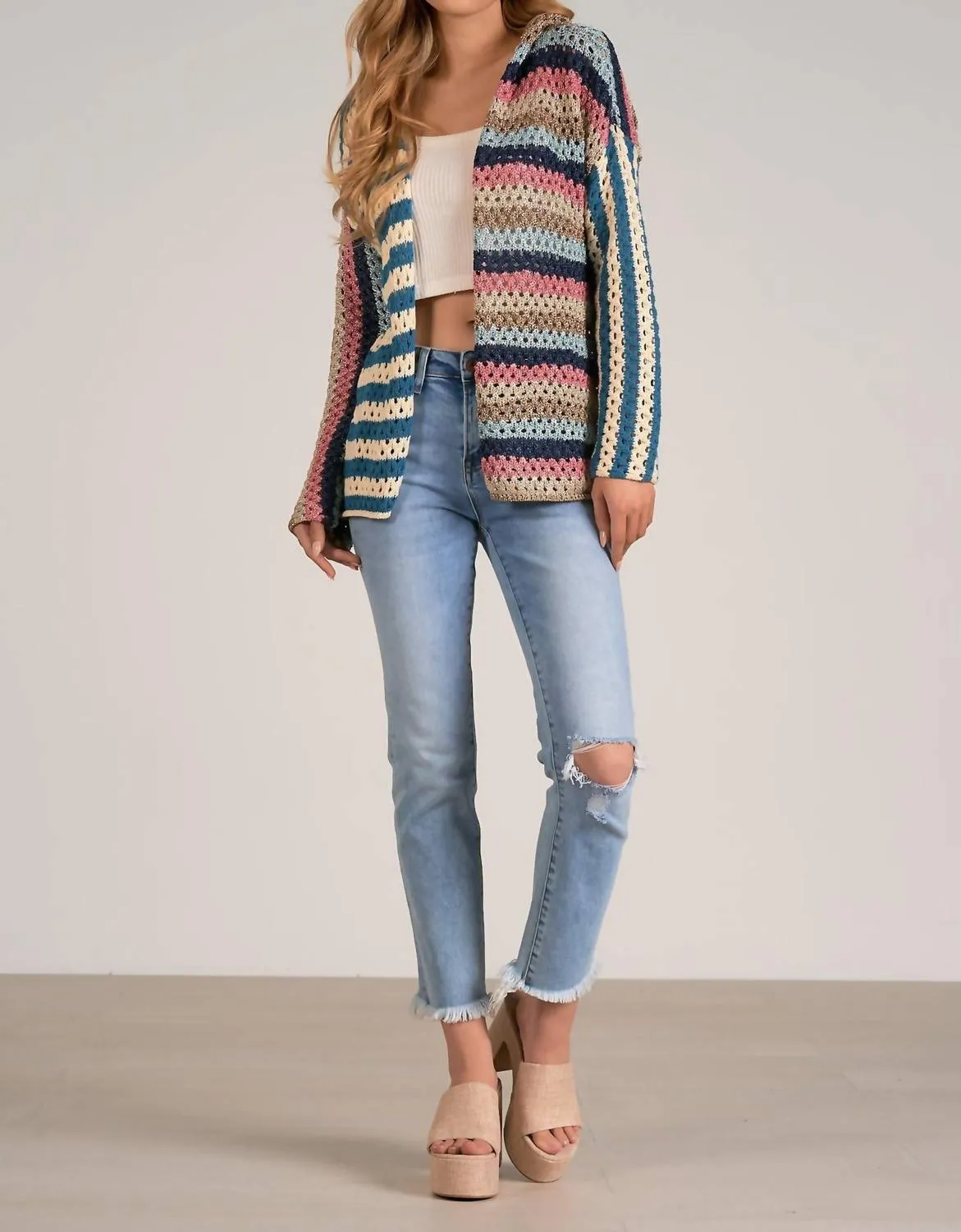 Cardigan Hoodie Sweater In Blue/pink Multi