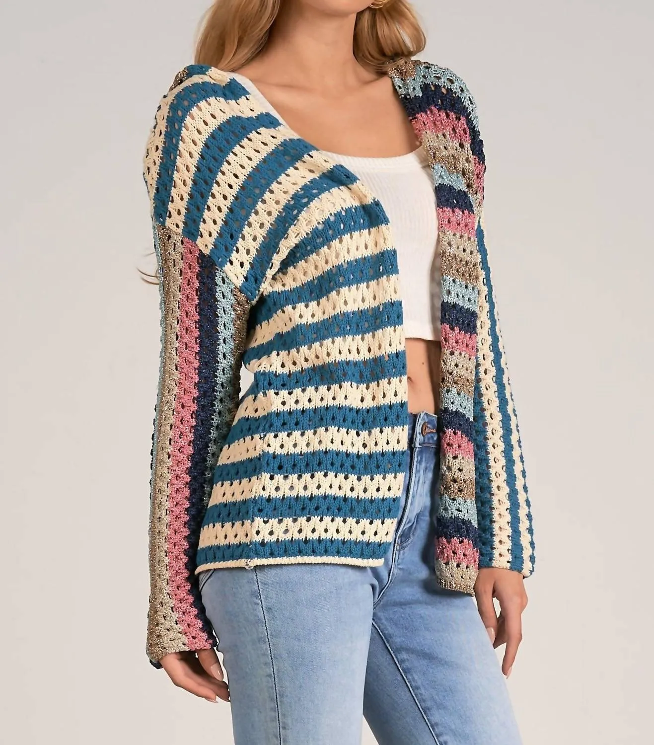 Cardigan Hoodie Sweater In Blue/pink Multi