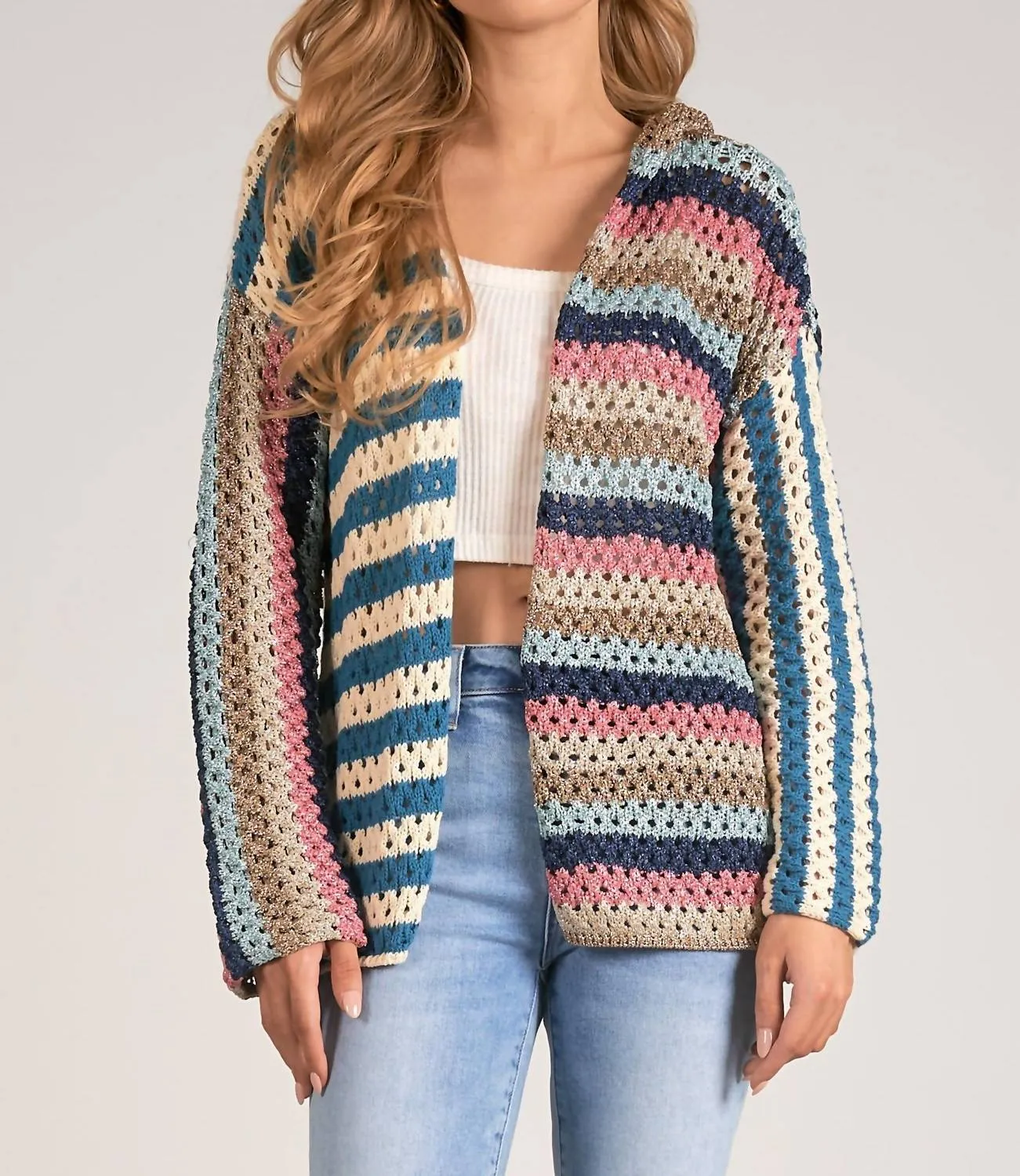 Cardigan Hoodie Sweater In Blue/pink Multi