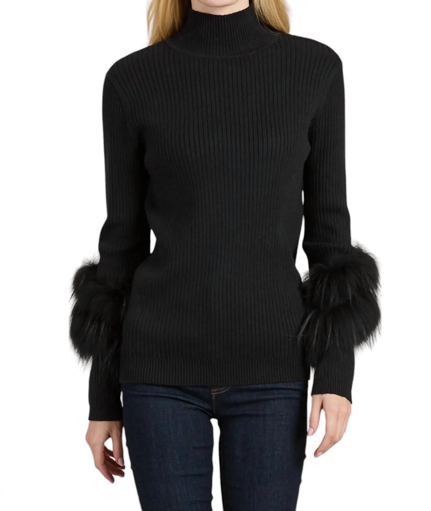Cashmere Mock Neck With Fur Sweater In Black