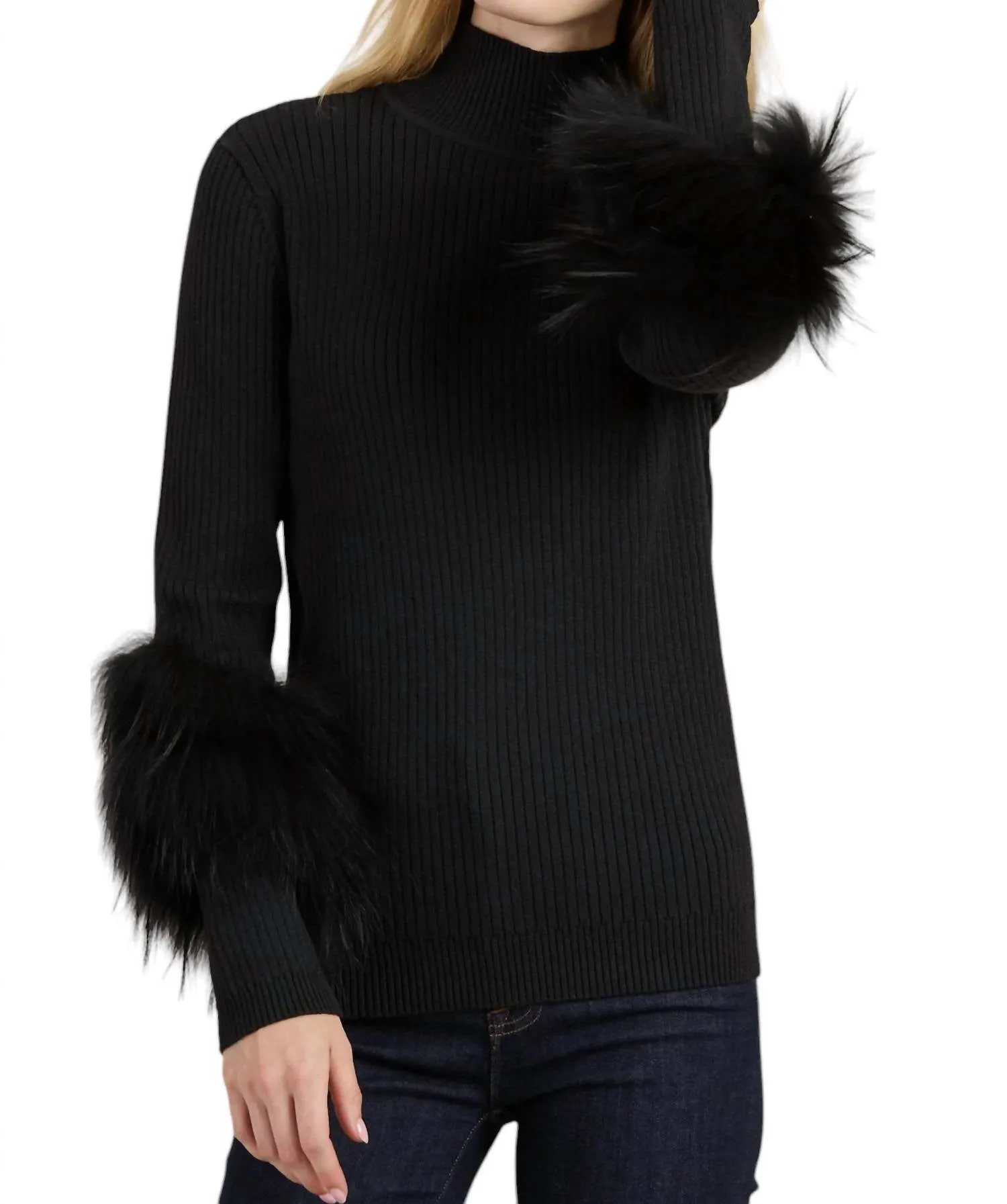 Cashmere Mock Neck With Fur Sweater In Black