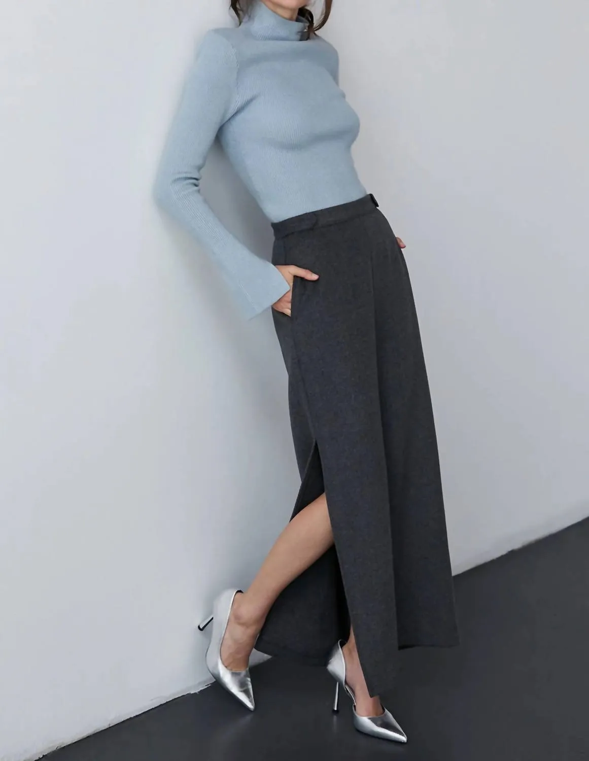 Cecy Wool Blend Maxi Skirt In Charcoal
