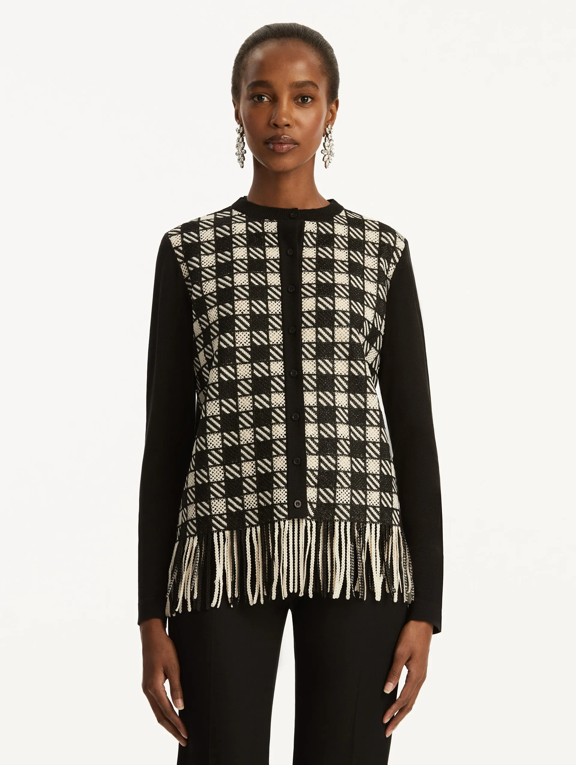Checked Fringe Guipure Cardigan