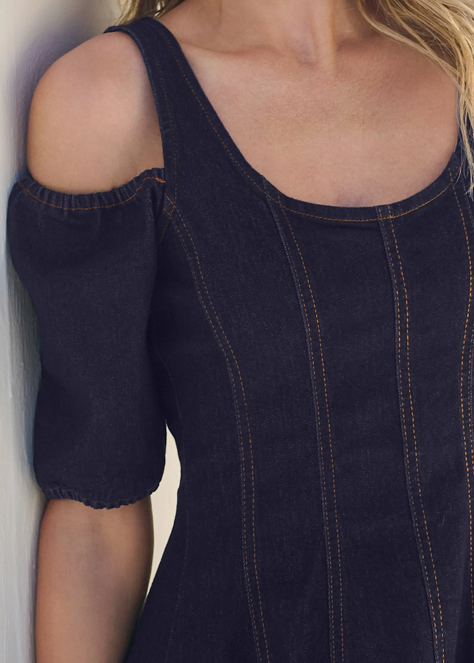 Cold-Shoulder Denim Dress - Indigo Blue