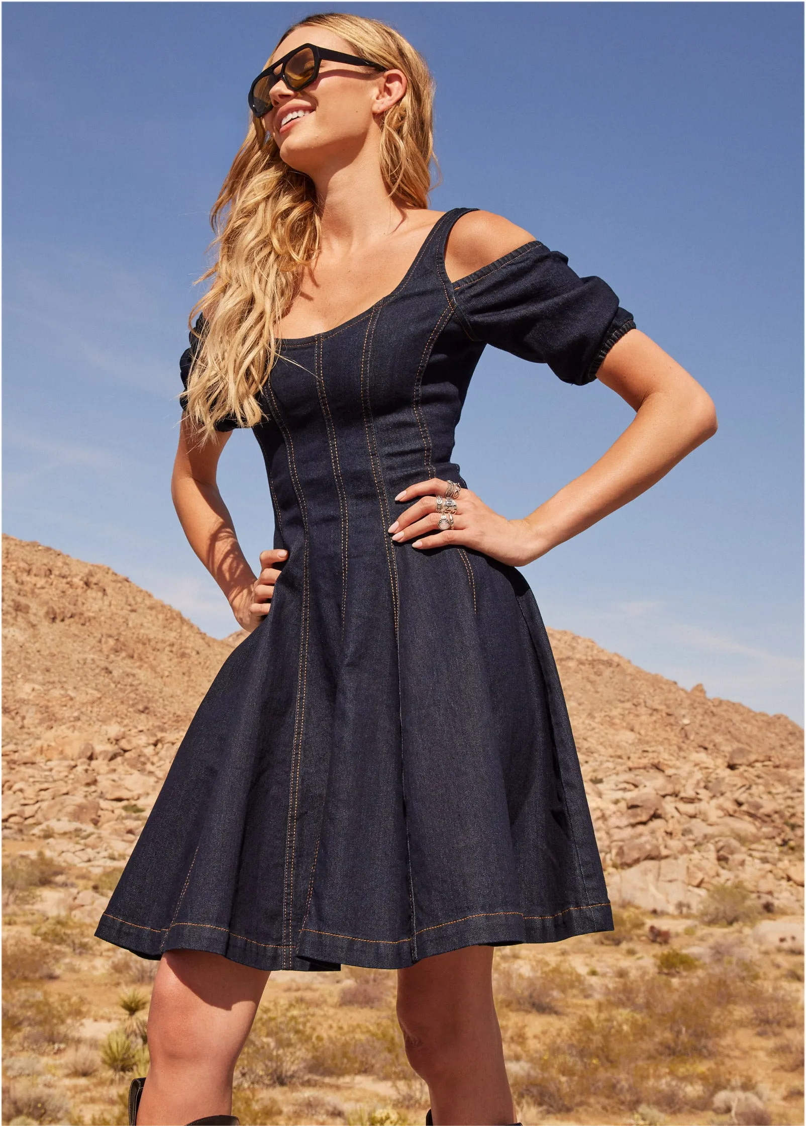 Cold-Shoulder Denim Dress - Indigo Blue