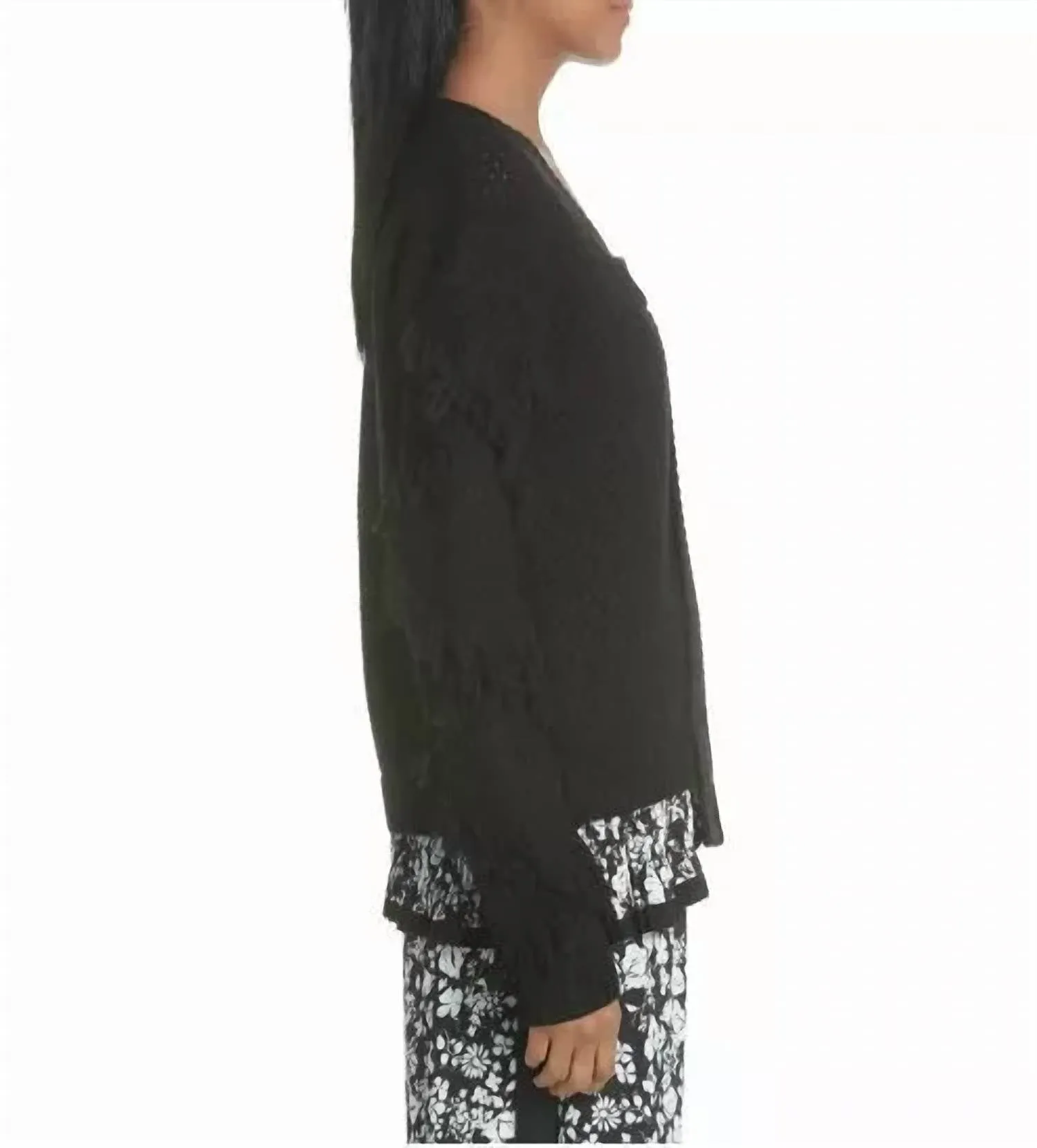 Cold Shoulder Fringe Mixed Media Sweater In Black/white