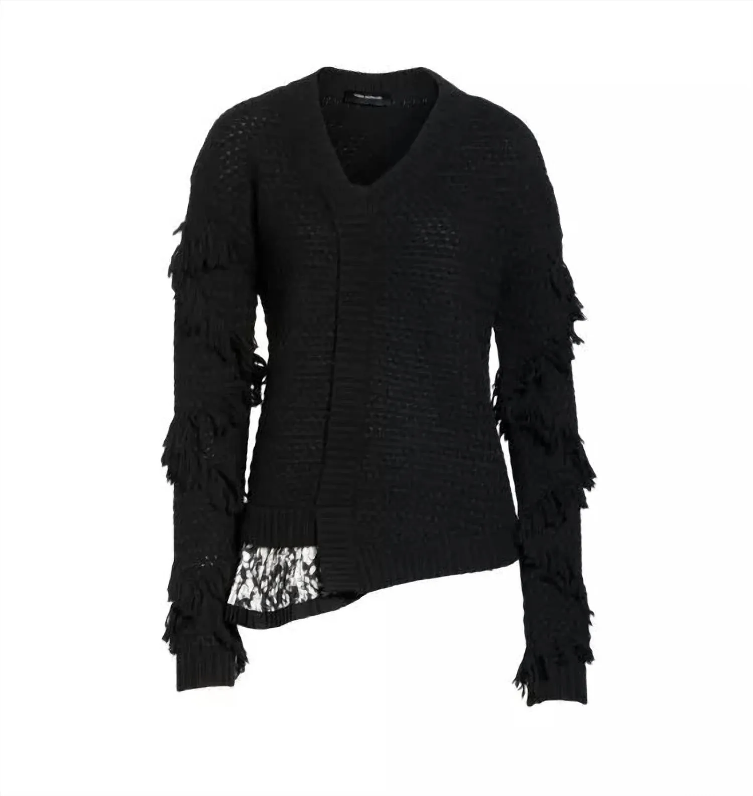 Cold Shoulder Fringe Mixed Media Sweater In Black/white