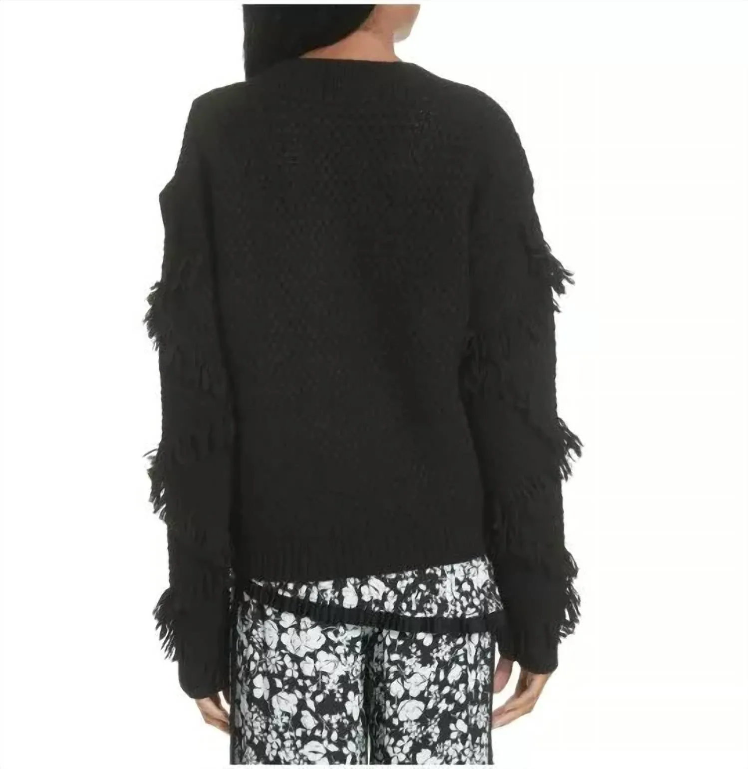 Cold Shoulder Fringe Mixed Media Sweater In Black/white