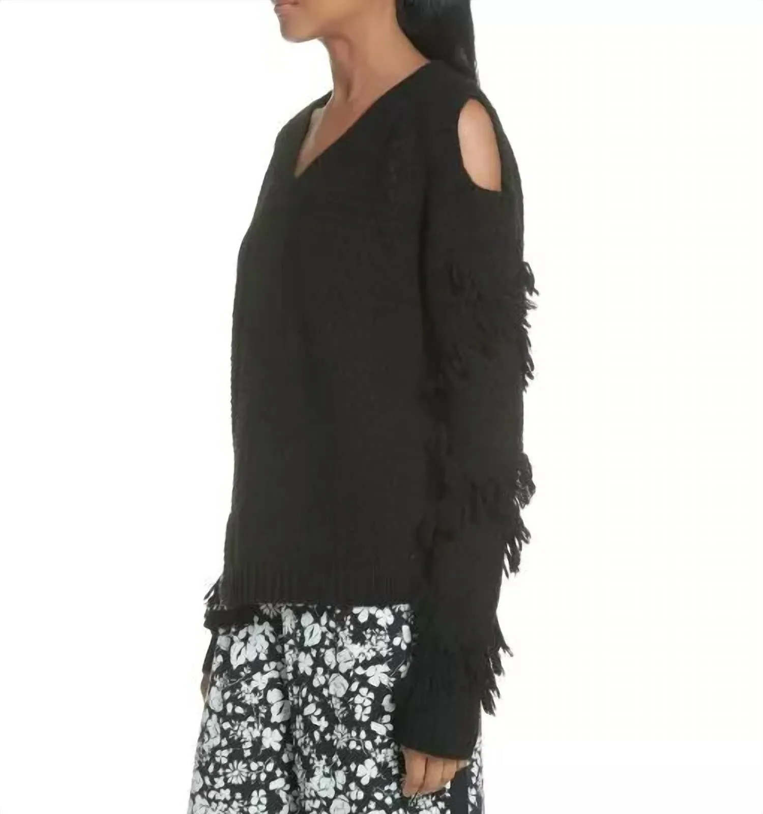 Cold Shoulder Fringe Mixed Media Sweater In Black/white