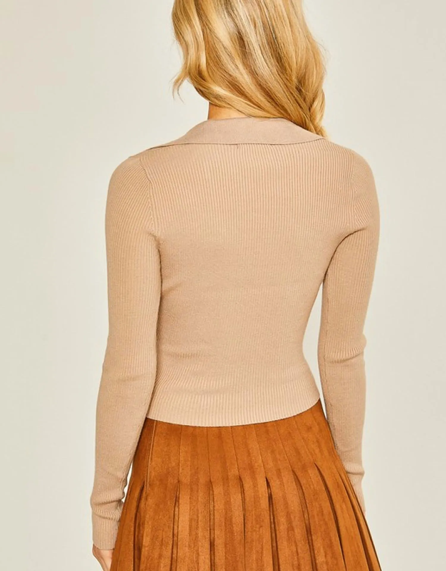 Collared V Neck Sweater In Taupe