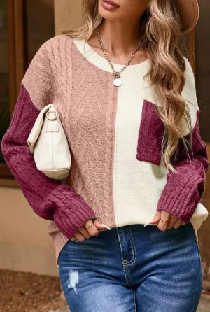 Colorblock Patched Pocket Drop Shoulder Sweater In Berry/beige