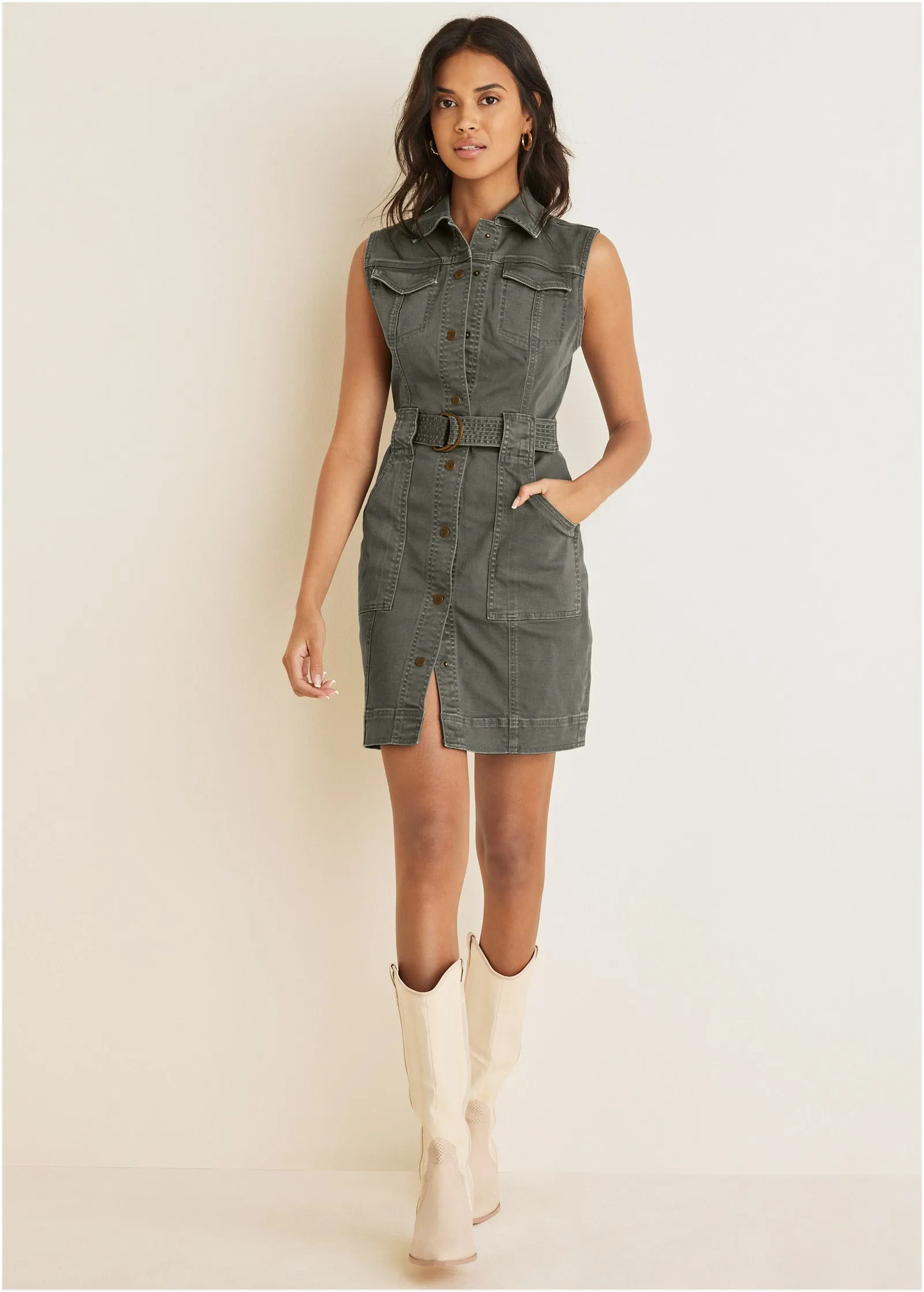 Colored Twill Utility Dress - Olive
