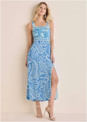 Contrast High Slit Maxi - Blue Allover Spring Paisley