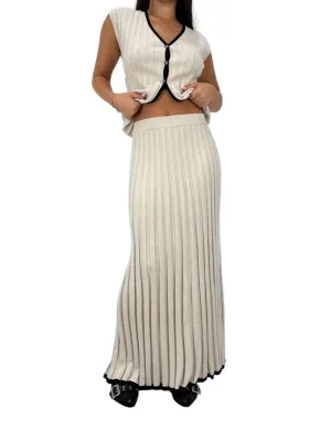 Contrast Trim Ribbed Knit Midi Skirt In Beige And Black