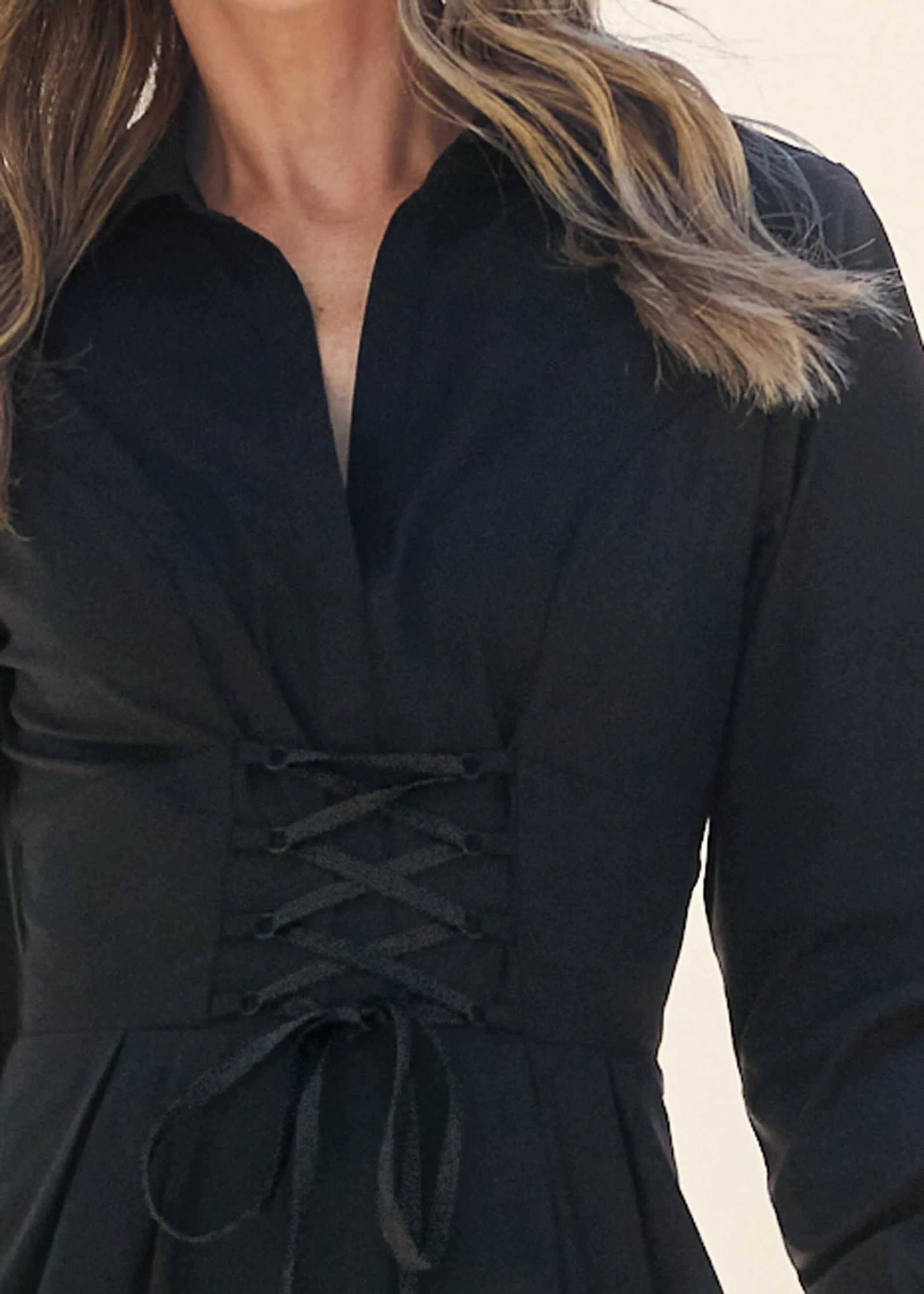 Corset Waist Shirt Dress  - Black