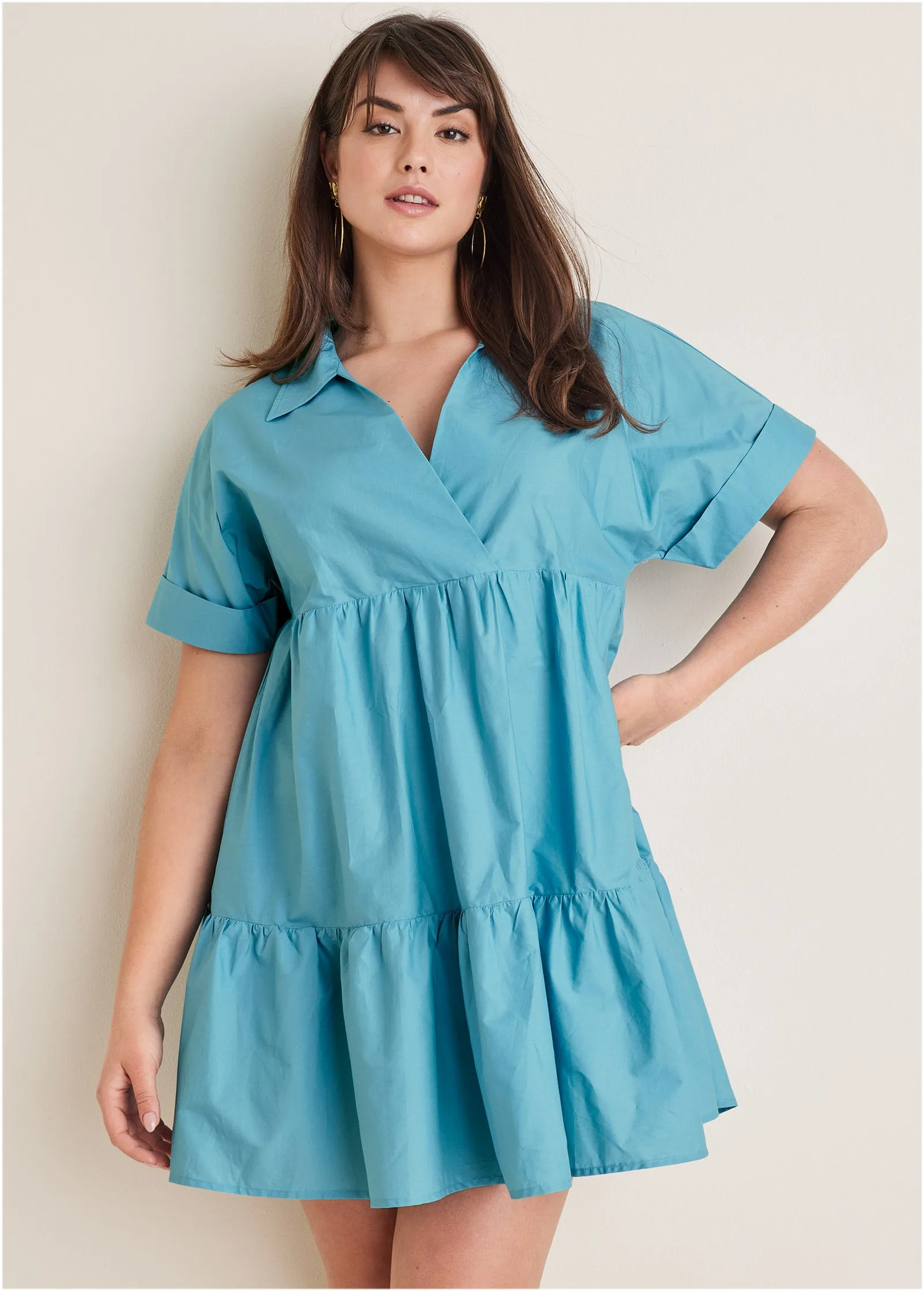 Cotton Poplin Tiered Dress - Blue
