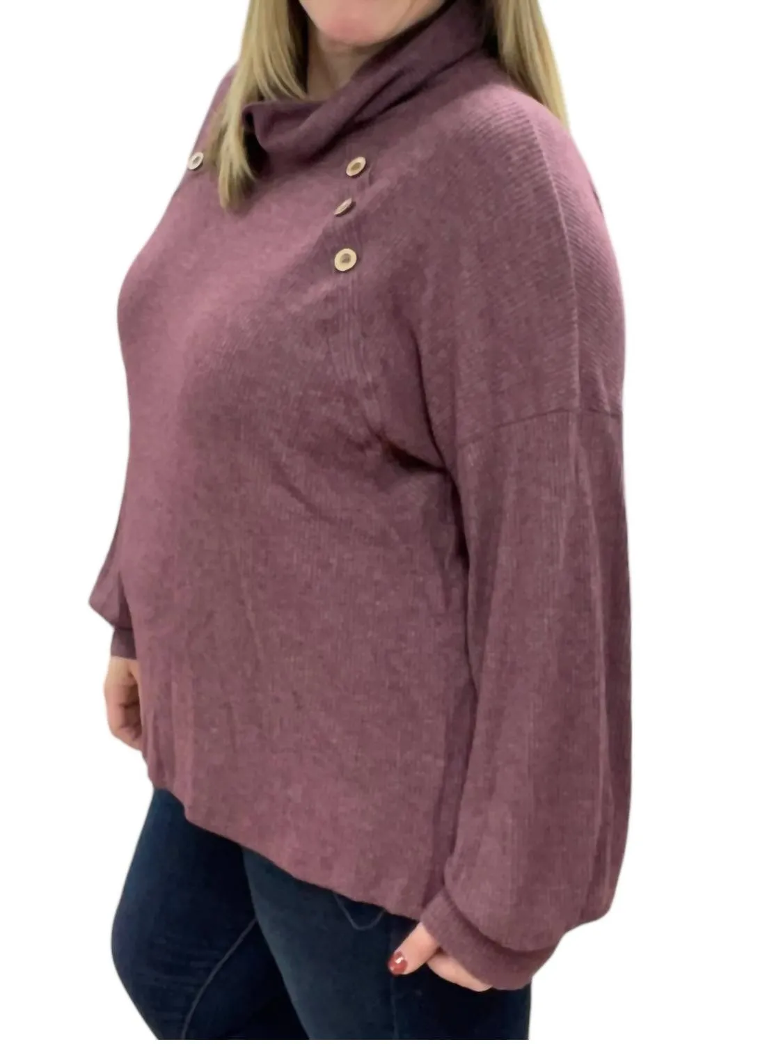 Cowlneck Faux Button Sweater In Plum