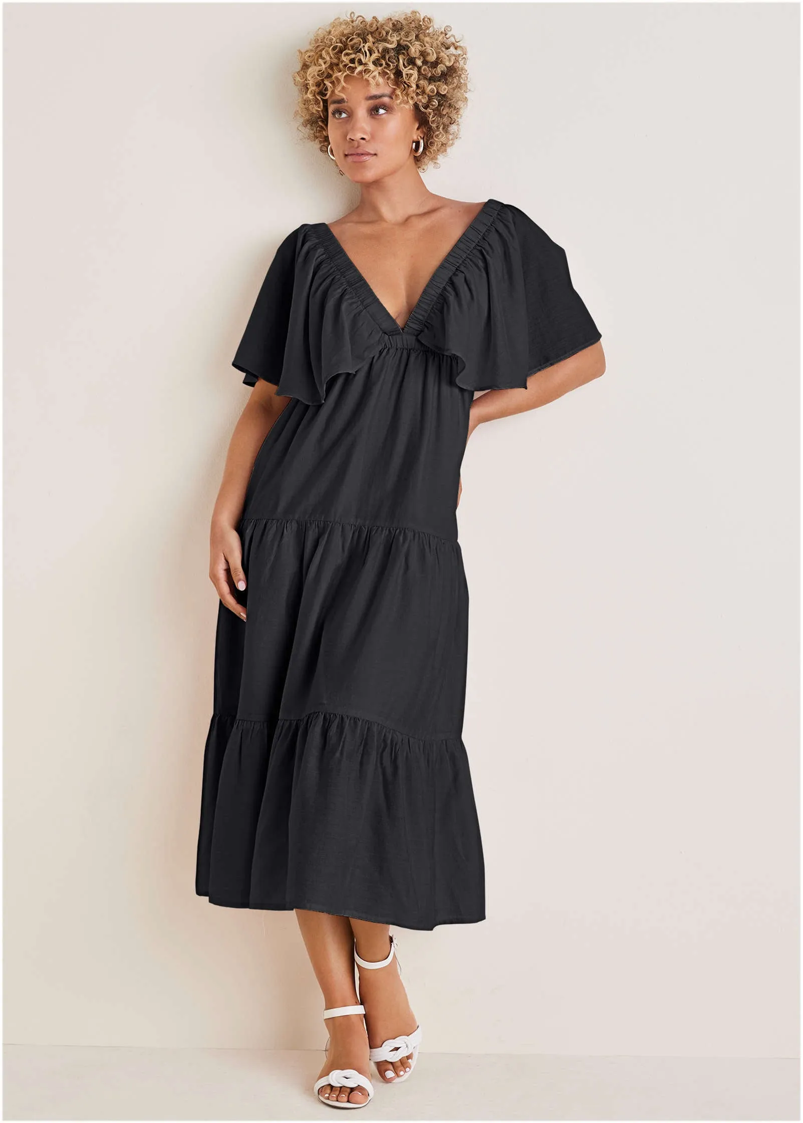 Crinkle Midi Dress - Black