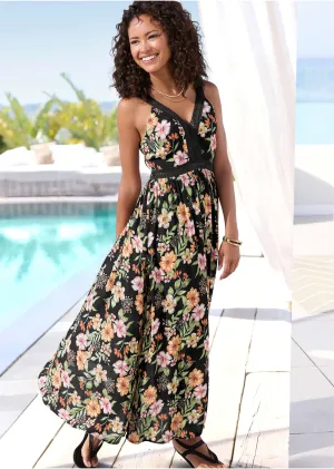 Crochet Printed Maxi Dress - Black Multi
