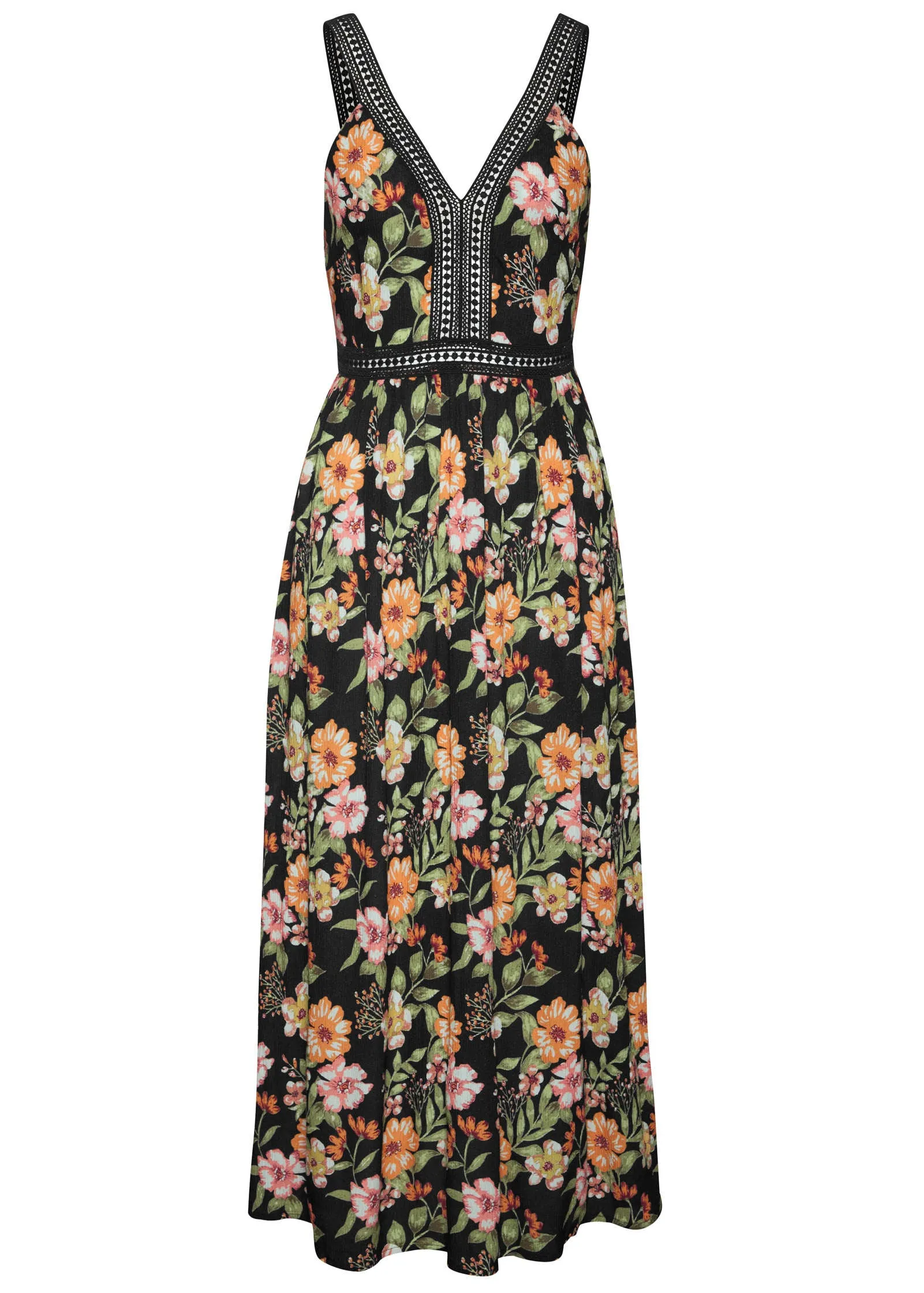 Crochet Printed Maxi Dress - Black Multi
