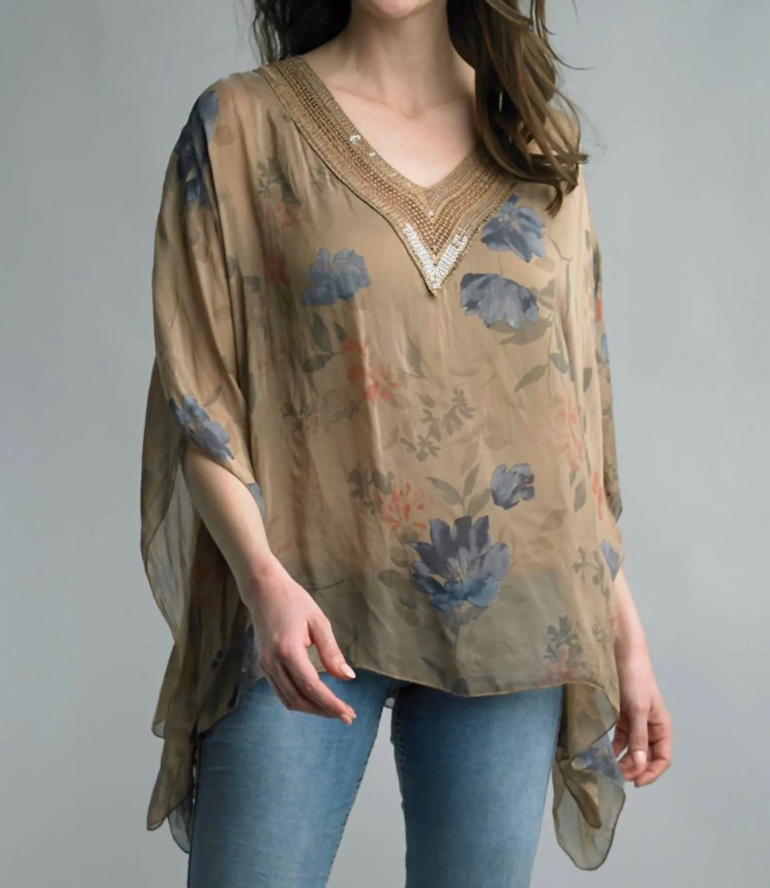 Crochet Silk Print Poncho In Brown