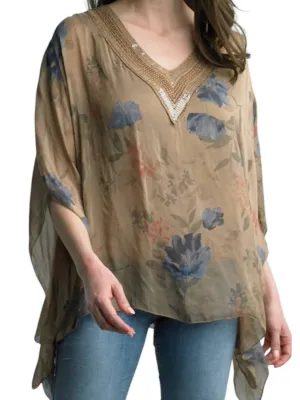 Crochet Silk Print Poncho In Brown