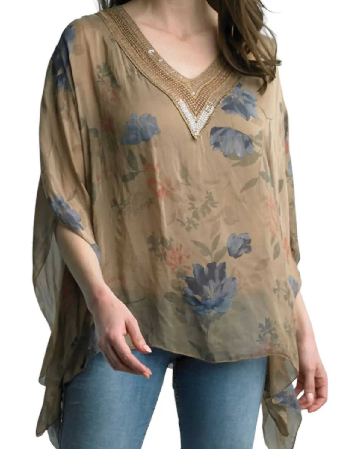 Crochet Silk Print Poncho In Brown