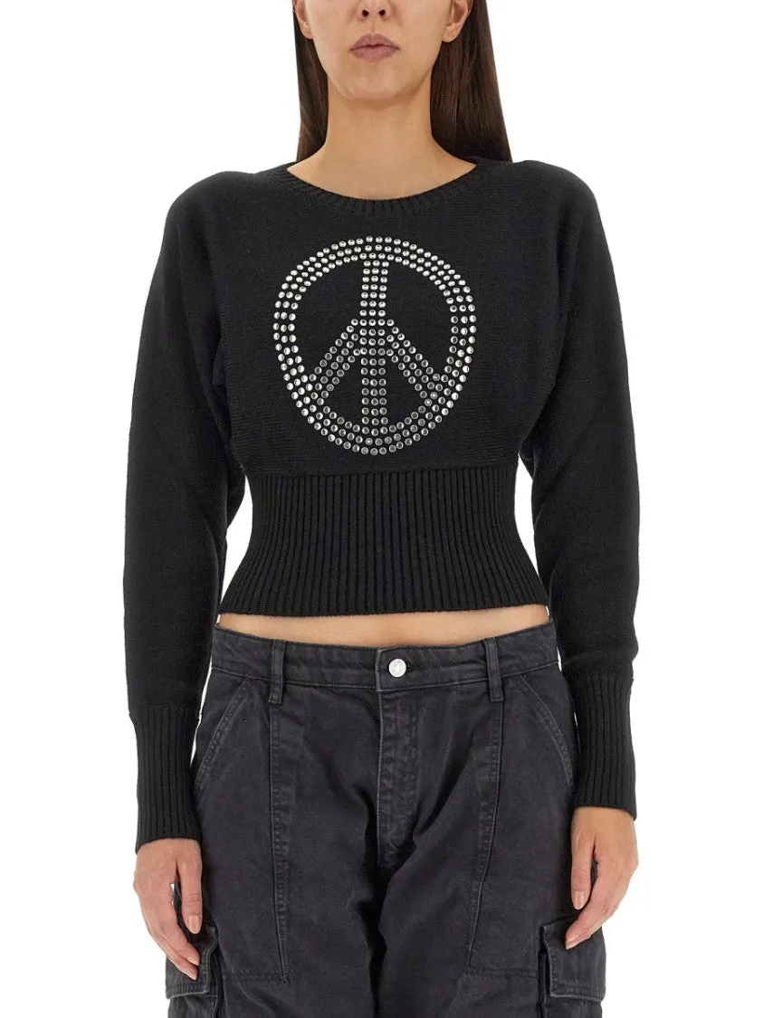 Cropped Black Jersey With Rhinestone Peace Symbol