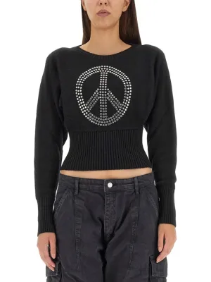 Cropped Black Jersey With Rhinestone Peace Symbol