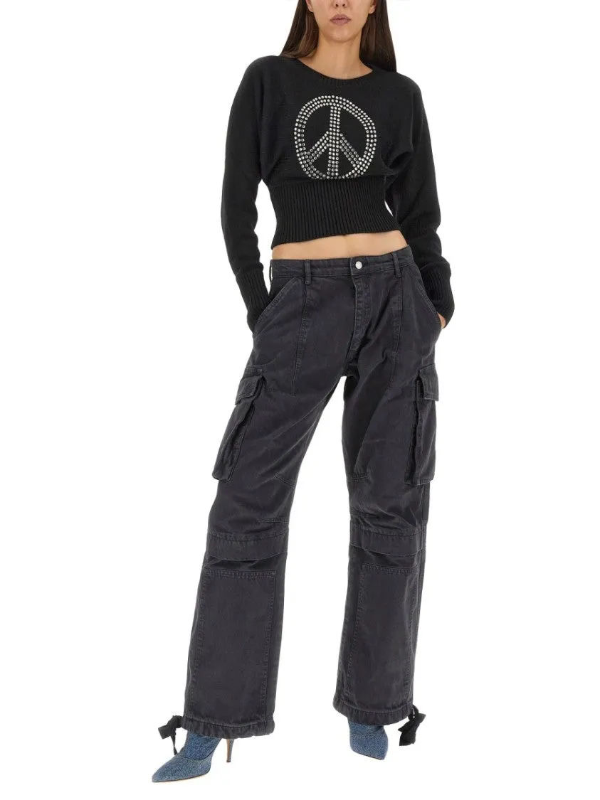 Cropped Black Jersey With Rhinestone Peace Symbol