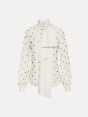 Crystal Embroidered Tie-Neck Blouse