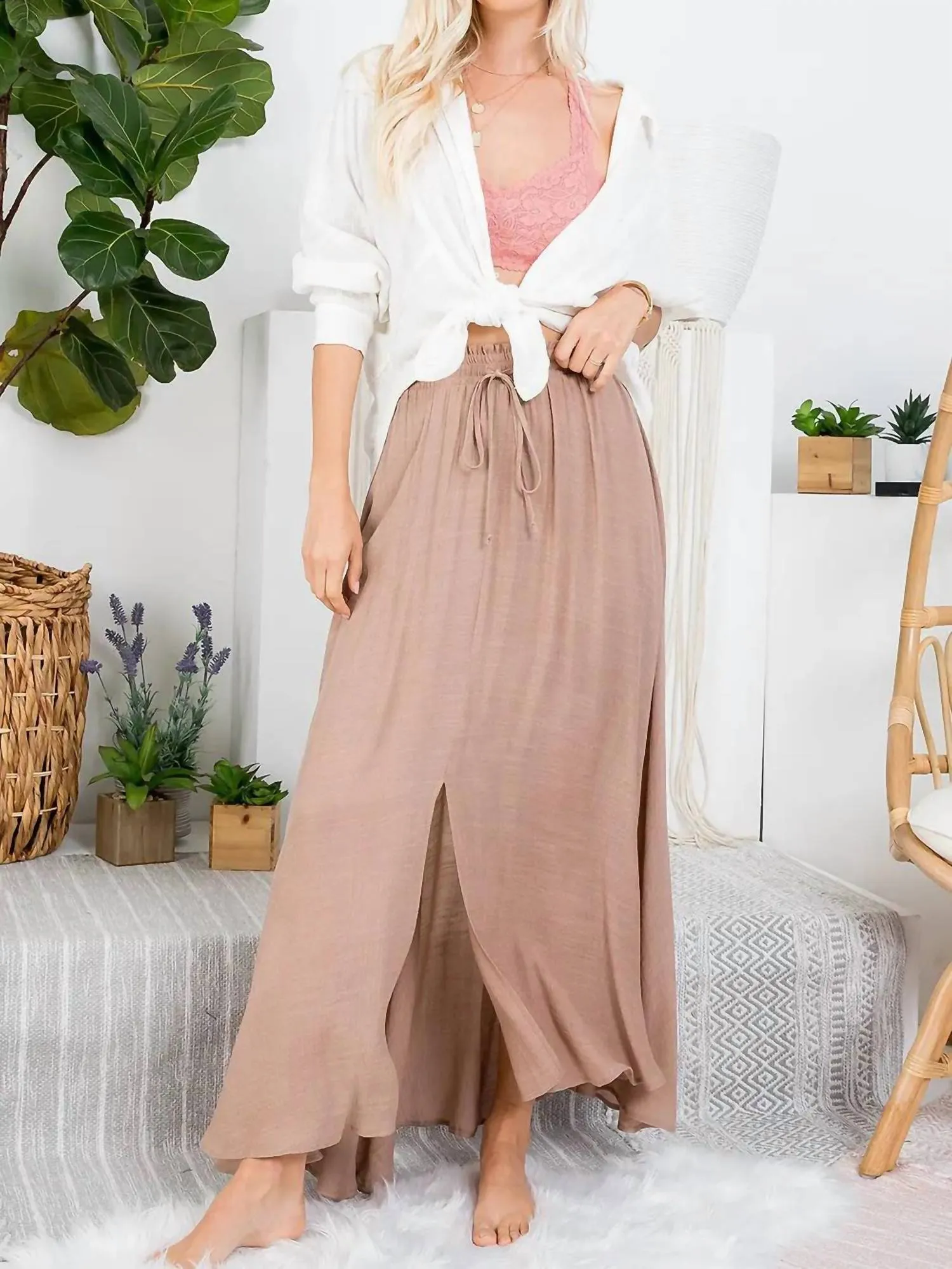 Curvy Smocked Drawstring Maxi Skirt In Mocha