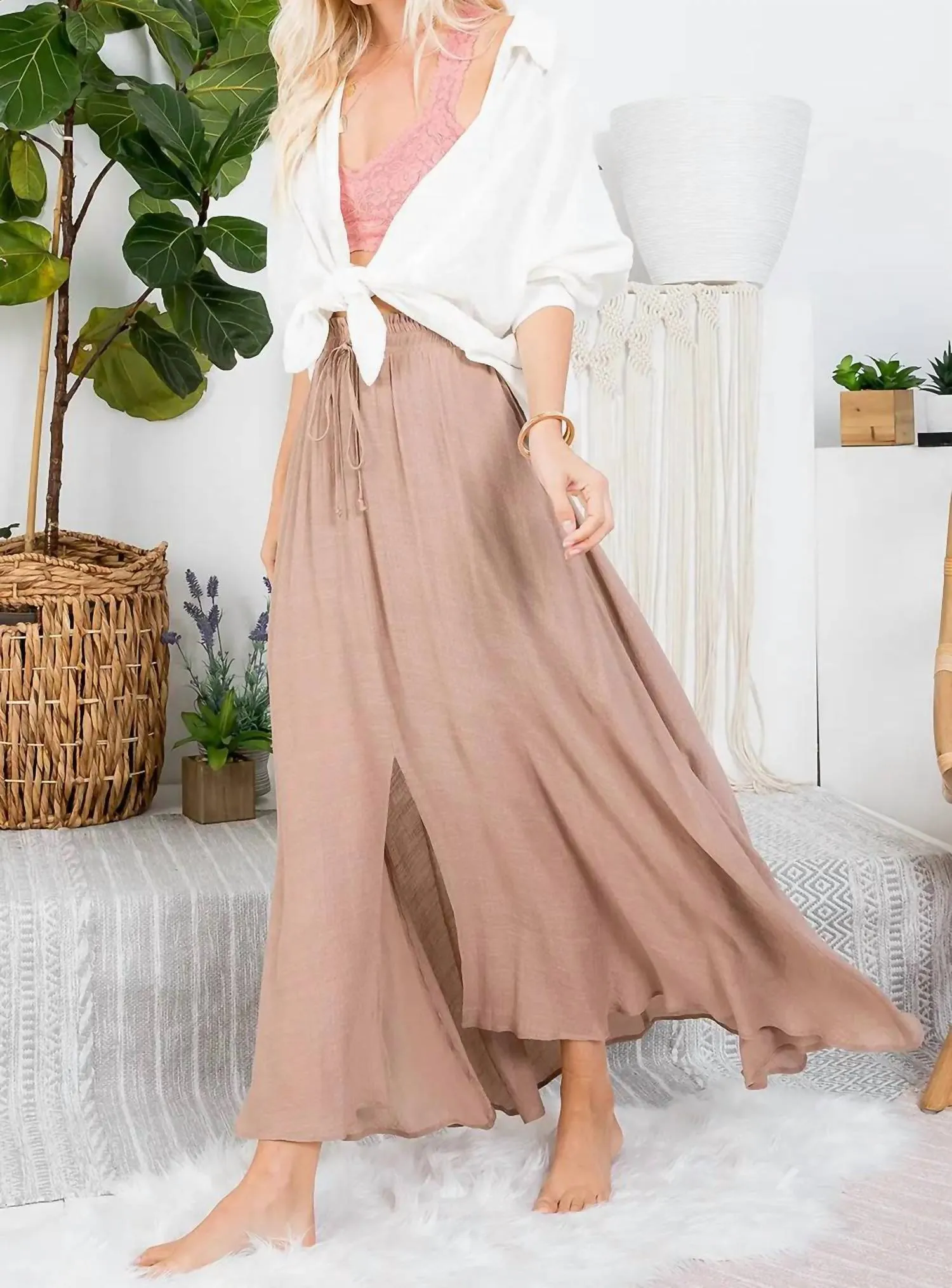 Curvy Smocked Drawstring Maxi Skirt In Mocha