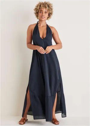 Deep V Halter Maxi Dress - Navy